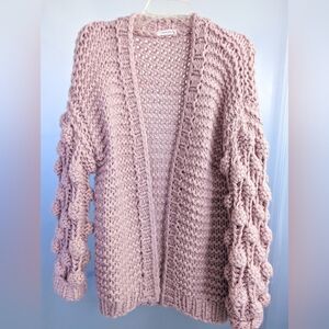 Pale Pink Chunky Knit Cardigan with Textured Sleeves